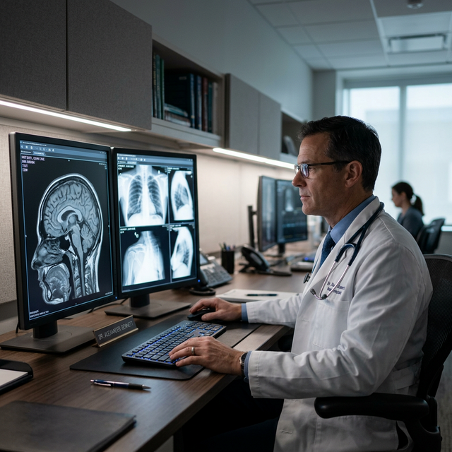 Médico radiologista analisando exames em monitor profissional